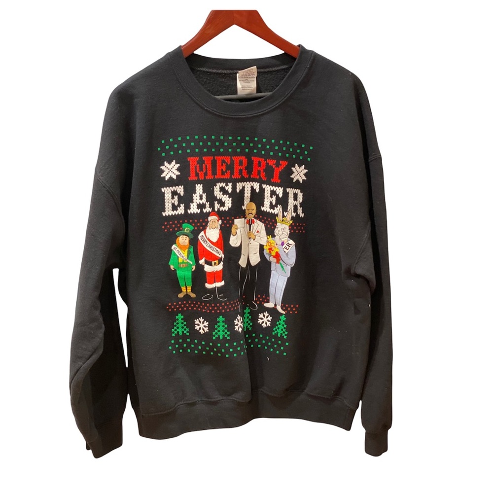 Merry Easter Bunny Santa St Pats Funny Black Sweatshirt Ugly Christmas Sweater